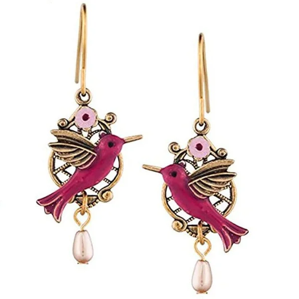 Silver Forest Pink Red Hummingbird Drop 18K Plated Earrings