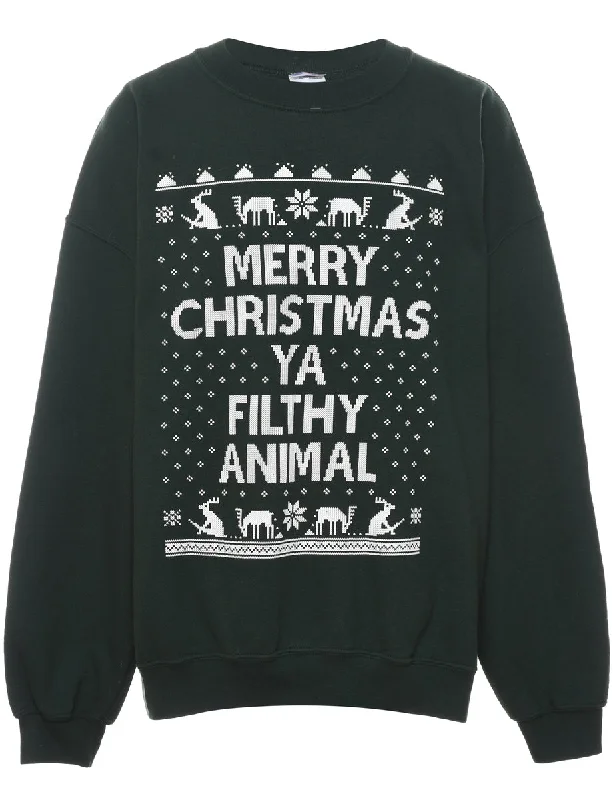 Dark Green & Off-White Printed Christmas Sweatshirt - XL