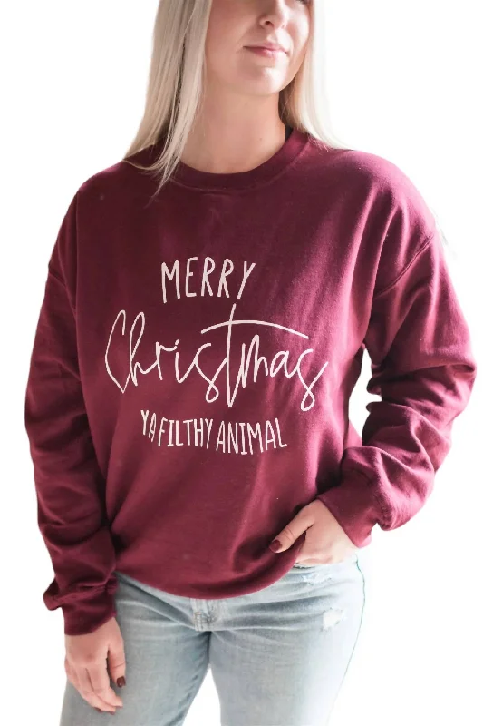 Merry Christmas Ya Filthy Animal Crew Sweatshirt In Burgundy