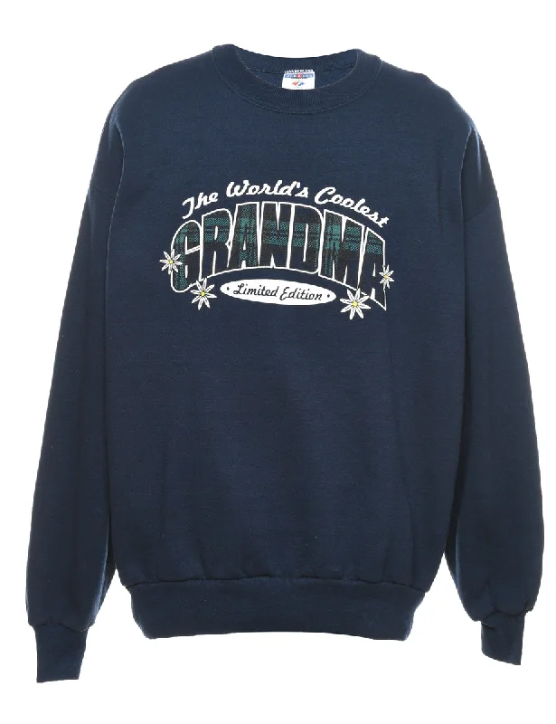 Navy & Green Checked Detail Grandma Printed Sweatshirt - XL