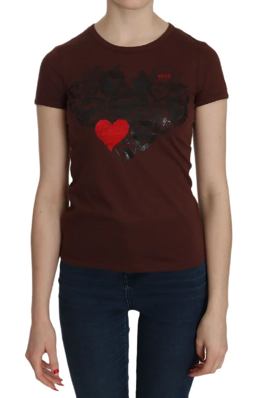 Exte  Heart Print Crew Neck T-shirt Short Sleeve Women's Blouse