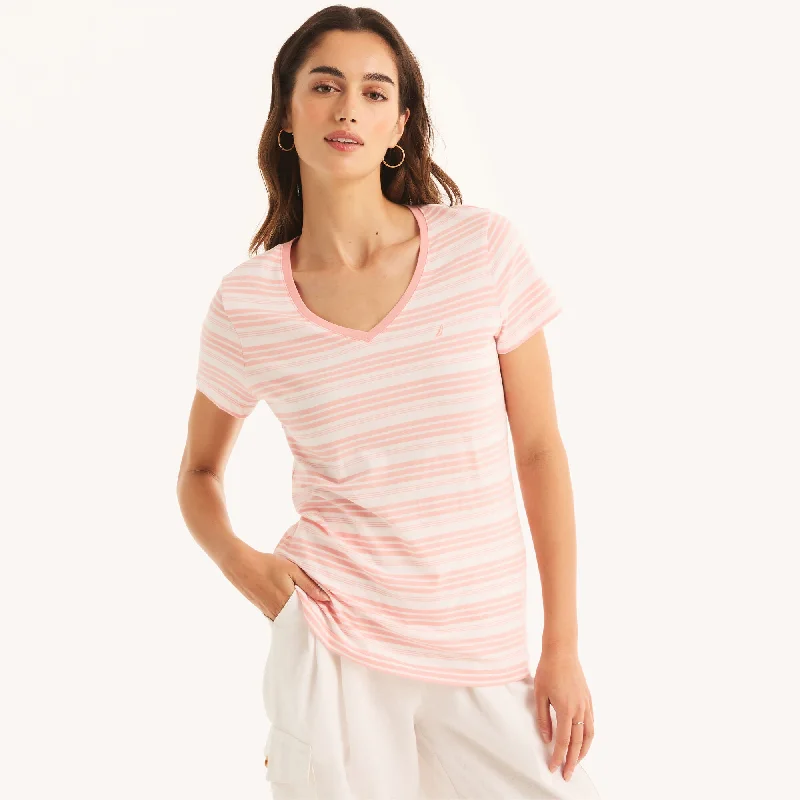 Nautica Womens Sustainably Crafted Striped V-Neck T-Shirt