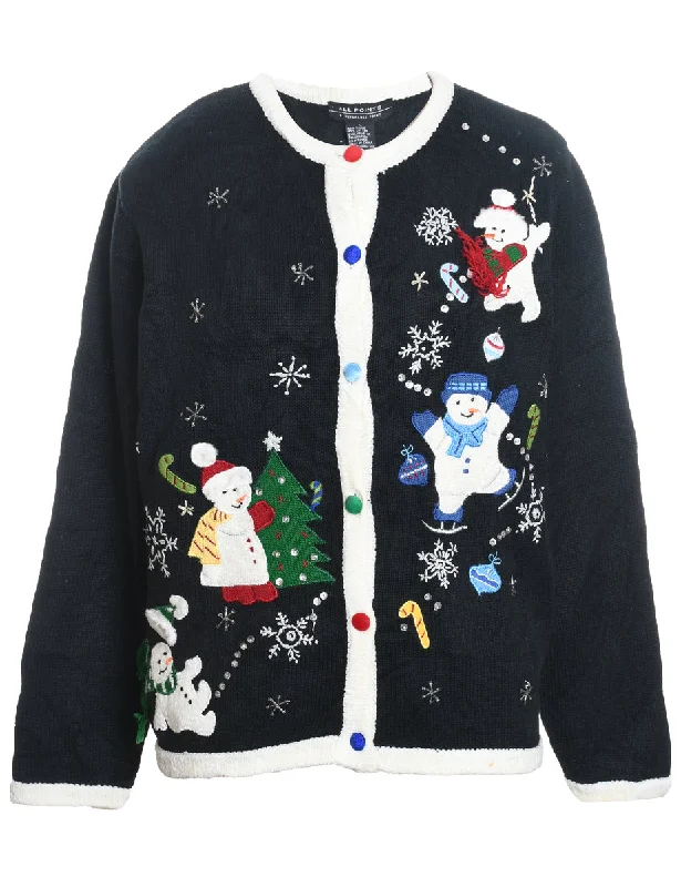 Snowman Design Black Appliqued Christmas Cardigan - L