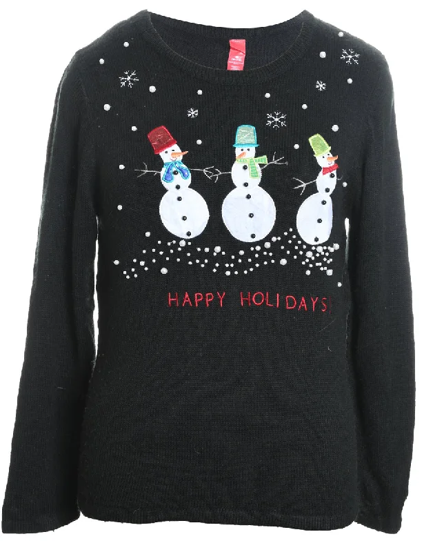 Snowman Design Black Knit Christmas Jumper - M