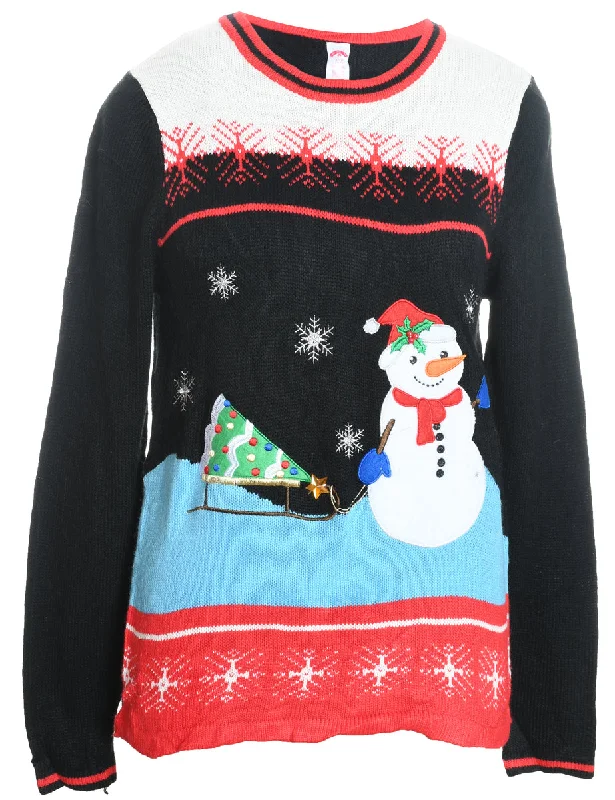 Snowman Design Black Knit Christmas Jumper - S