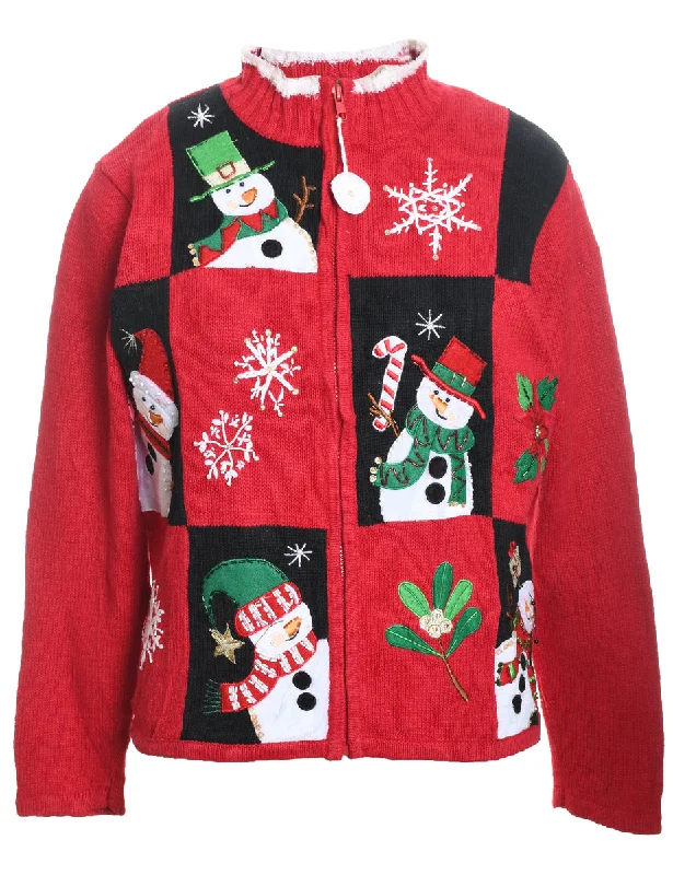 Snowman Design Black & Red  Christmas Cardigan - M