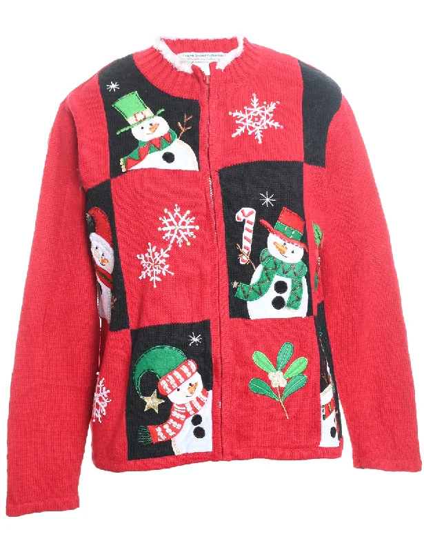 Snowman Design Black & Red Patchwork Embroidered Christmas Cardigan - M