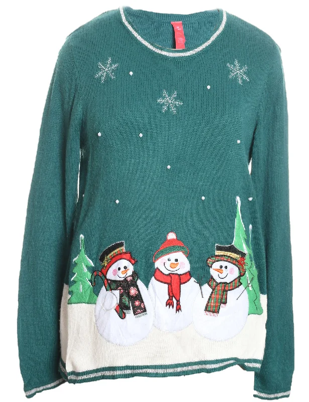 Snowman Design Green Knit Embroidered Christmas Jumper - L