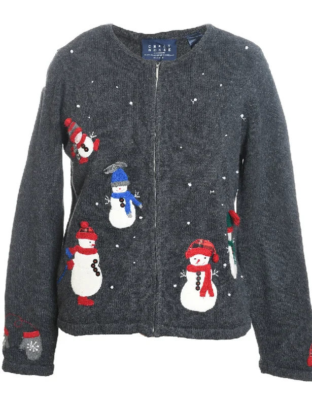 Snowman Design Grey Zip-Front Christmas Cardigan - M