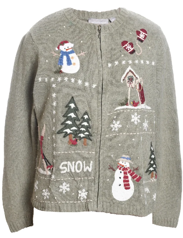 Snowman Design Light Grey Knit Zip-Front Christmas Cardigan - M