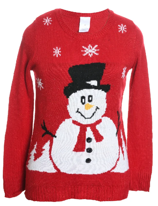 Snowman Design Red Christmas Jumper - M