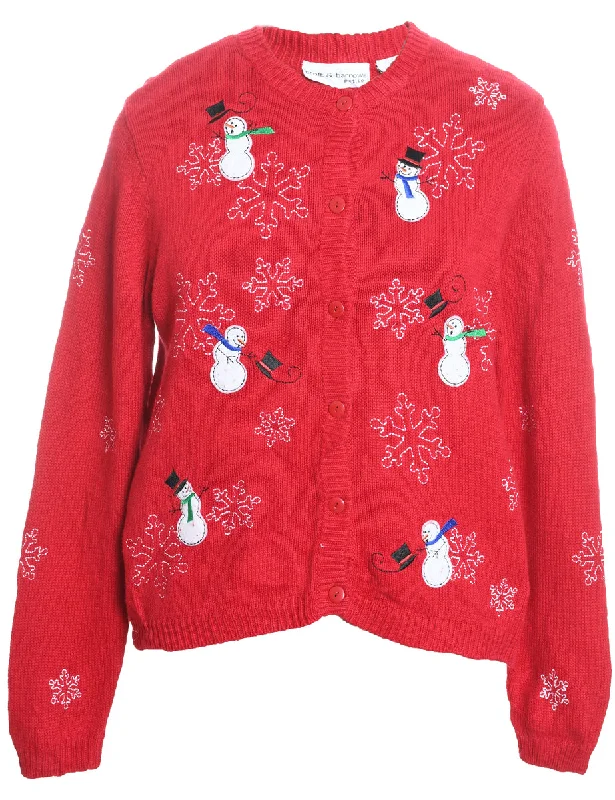 Snowman Design Red Embroidered Christmas Cardigan - M