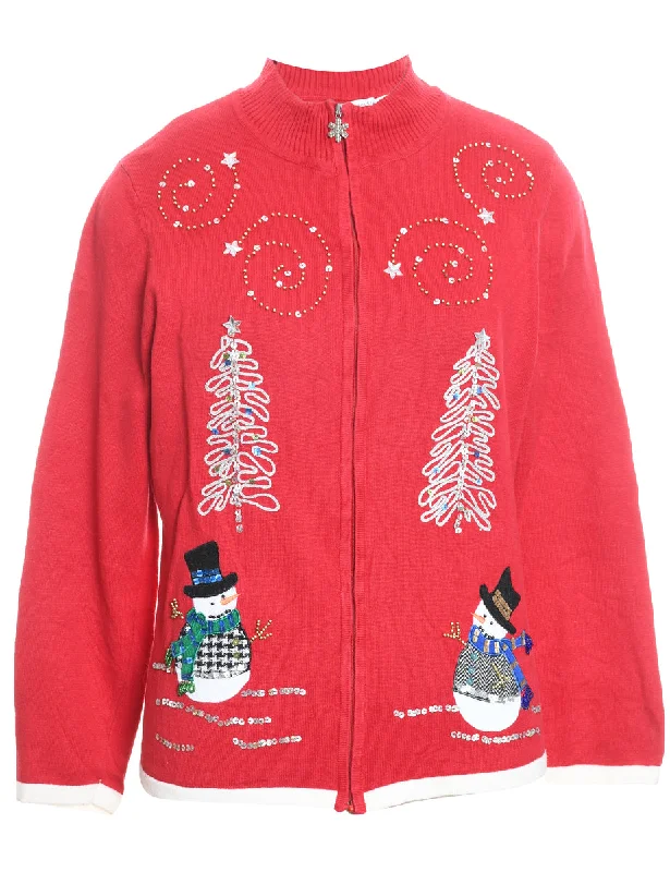 Snowman Design Zip-Front Christmas Cardigan - M