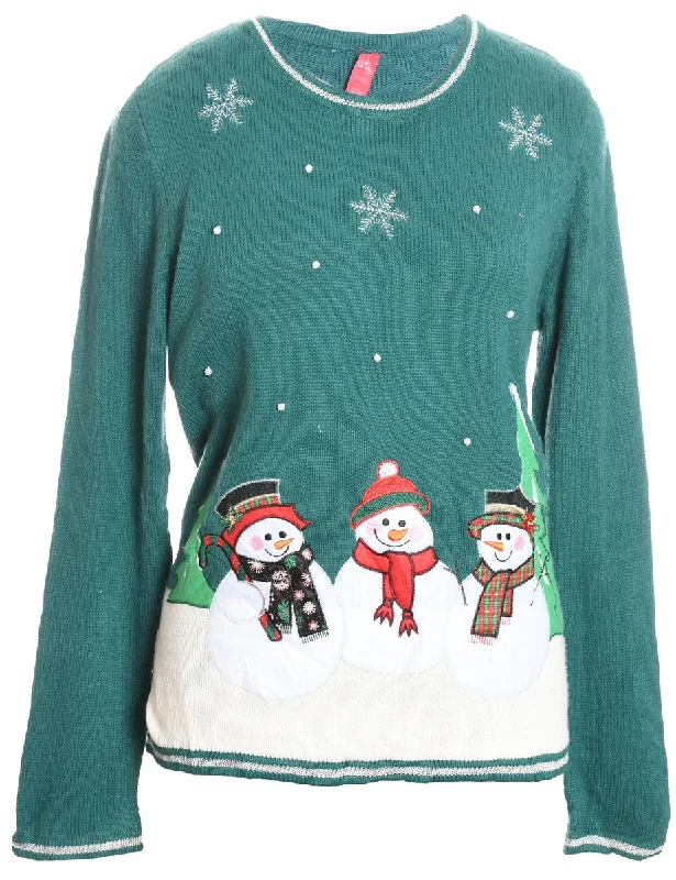 Snowman Green Appliqued Christmas Jumper - M