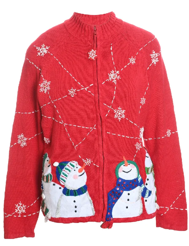 Snowman Red Zip-Front Knit Christmas Cardigan - L