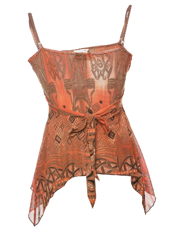 Strappy Printed Brown & Orange Y2K Sparkly Top - XS