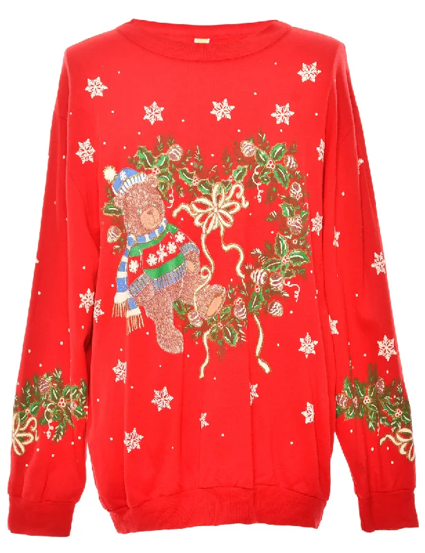 Teddy Bear Print Red Christmas Sweatshirt - L