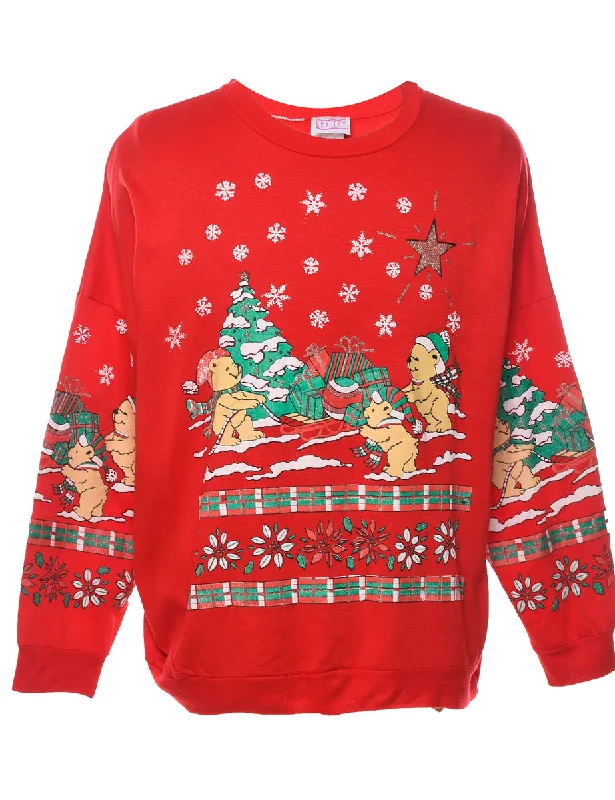 Teddy Bear Print Red Classic Christmas Sweatshirt - L