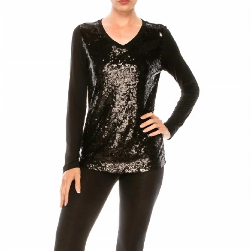 Women's Long Sleeve Sequin T-Shirt Top In Black