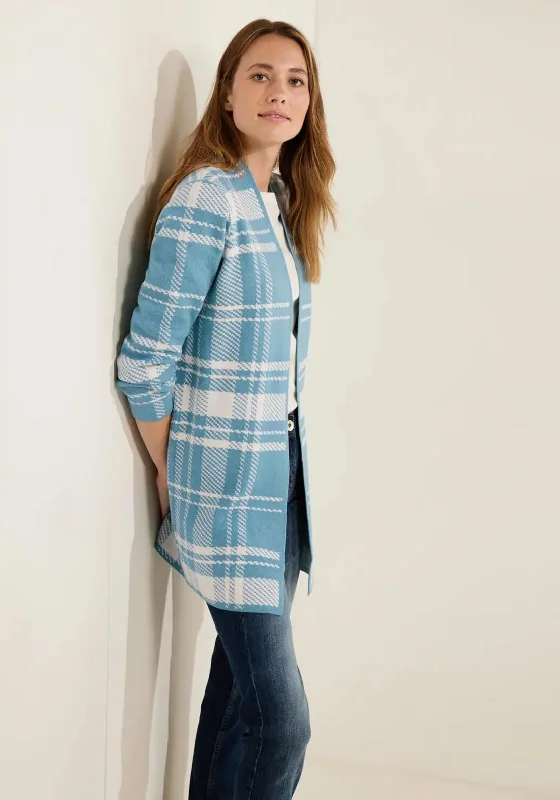 Heated cardiganCecil Checked Open Knit Long Cardigan, Adriatic Blue.