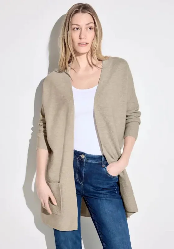 Cecil Ribbed Open Long Cardigan, Boulder Beige