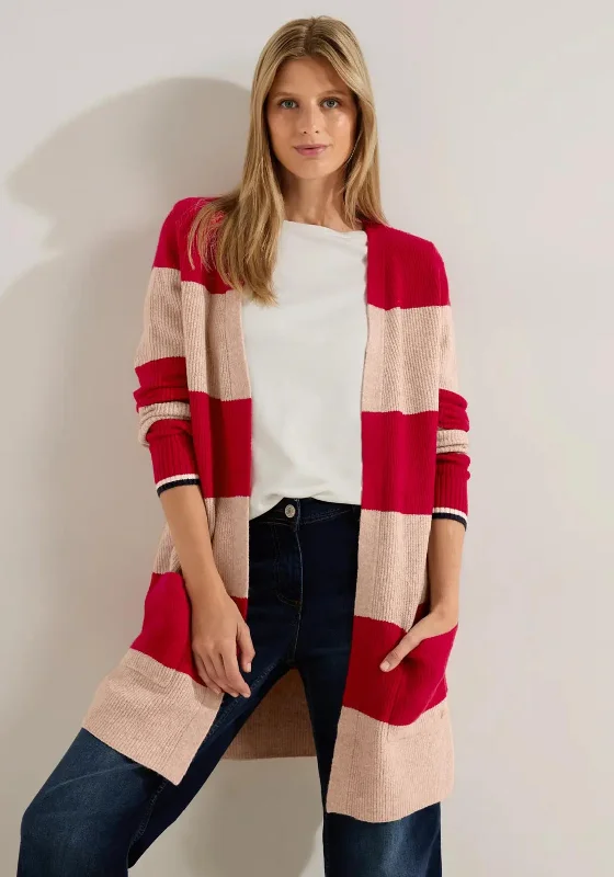 Asymmetric cardiganCecil Striped Knit Long Cardigan, Casual Red