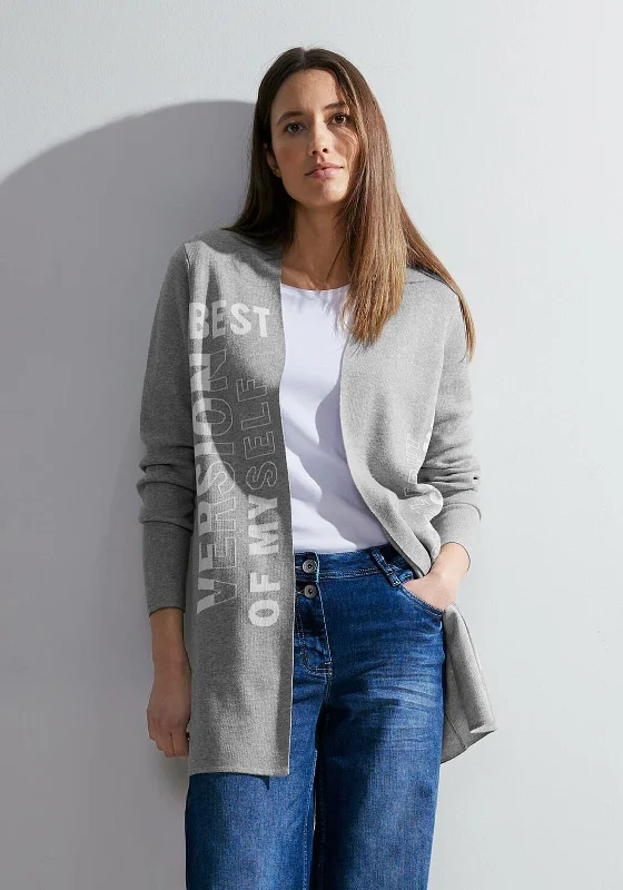 Heated cardiganCecil Text Print Long Open Knit Cardigan, Mineral Grey Melange