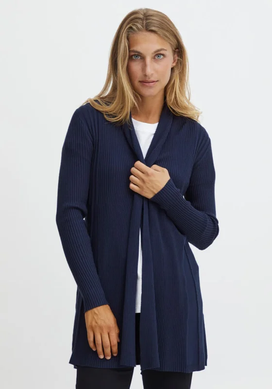 Fransa Ribbed Mid Length Open Cardigan, Navy