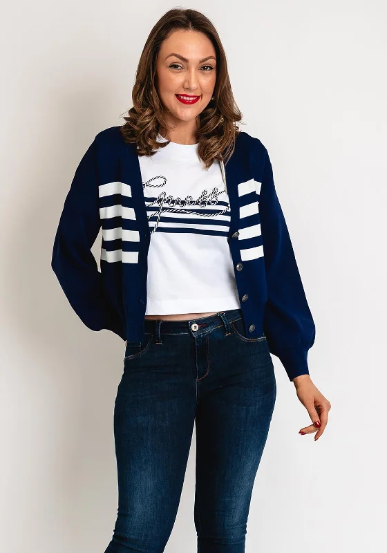 Guess Womens Embroidered Logo Striped Cardigan, Navy