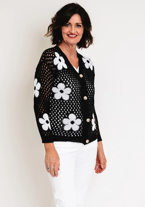 Shawl collar cardiganSerafina Collection One Size Daisy Print Cardigan, Black