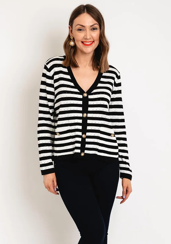 Serafina Collection One Size Gold Button Striped Cardigan, Black