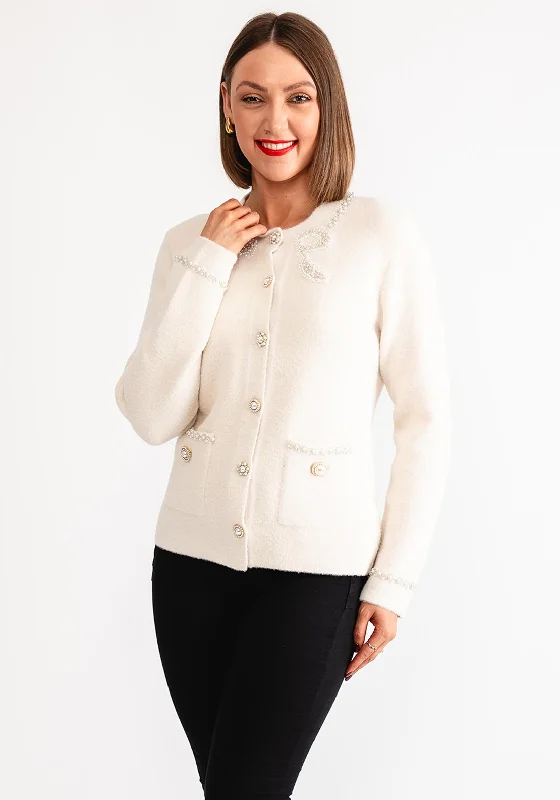 Monochrome cardiganLeo and Ugo Pearl Embellished Bow Detail Cardigan, Cream