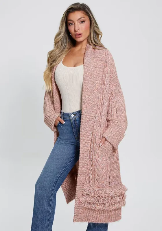 Guess Womens Long Chunky Knit Cardigan, Pink Multi