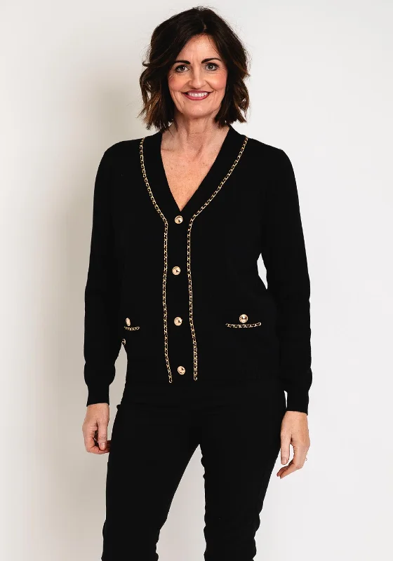 Malissa J One Size Gold Chain Trim Knit Cardigan, Black