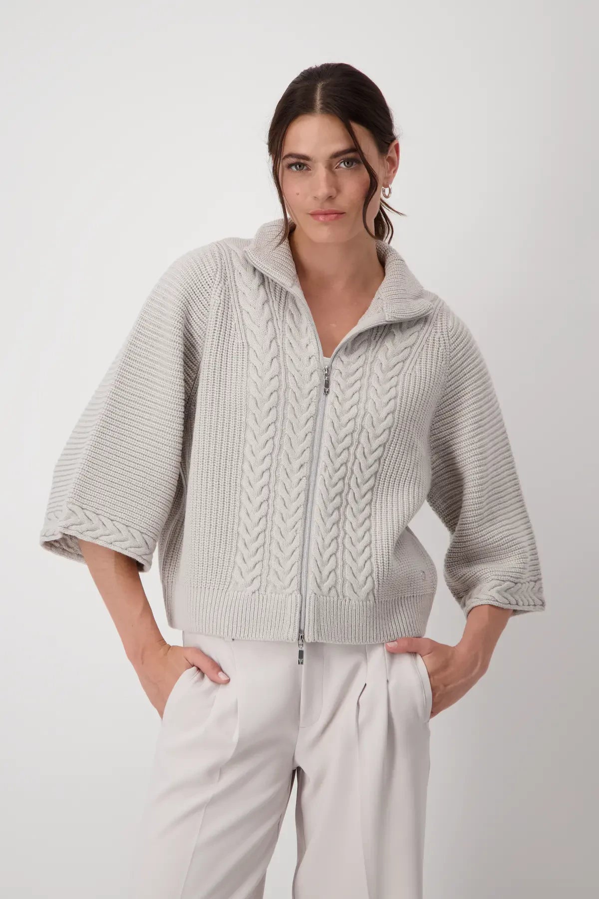 Monari Cable Knit Zip Through Cardigan, Light Grey