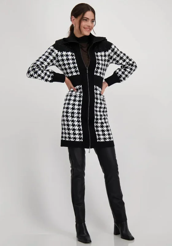 Monari Houndstooth Zipped Long Cardigan, Black & White