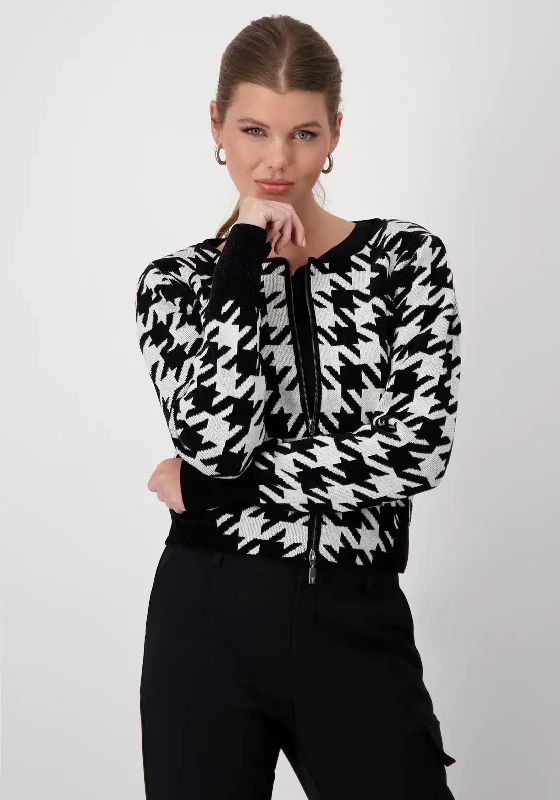 Monari Houndstooth Zipped Short Cardigan, Black & White