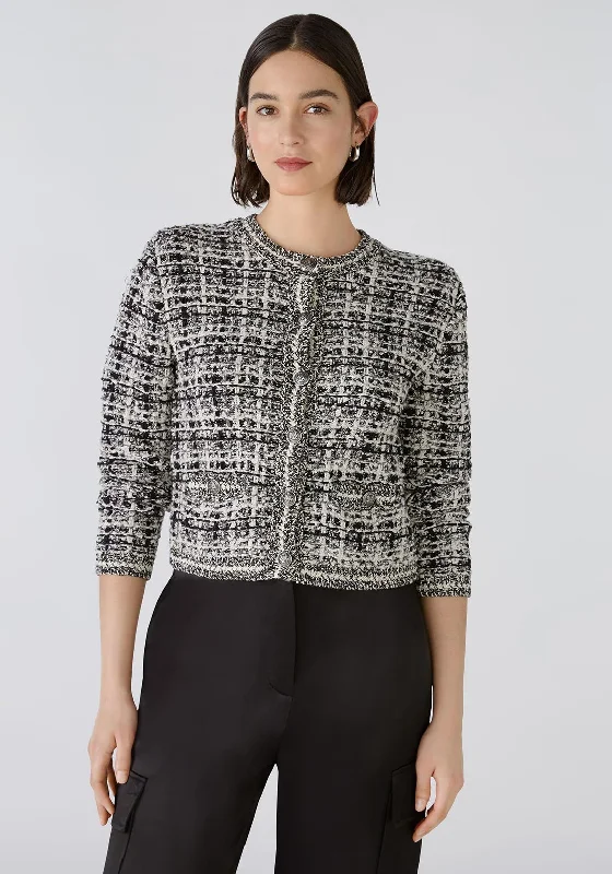 Oui Tweed Knit Short Cardigan, Black & Off White