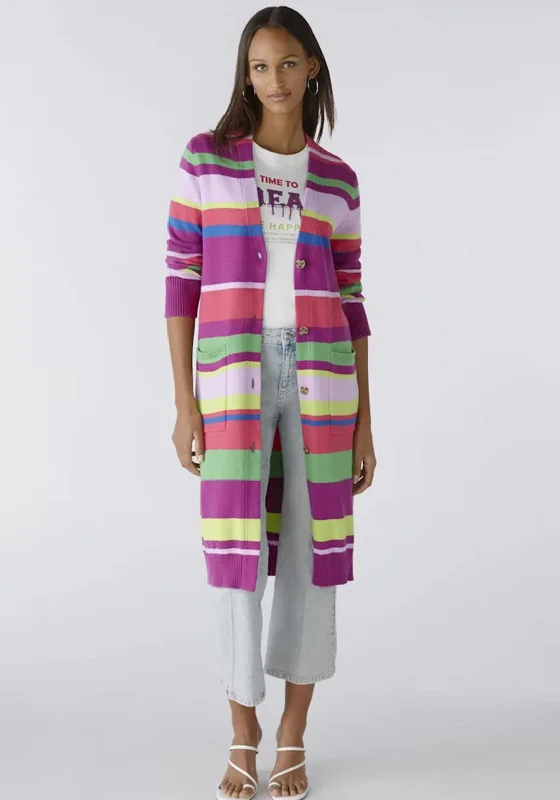 Monochrome cardiganOui Striped Knitted Longline Cardigan, Lilac Green