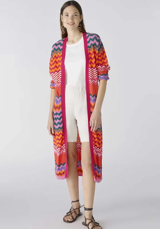 Oui Chevron Striped Open Knit Cardigan, Pink & Orange