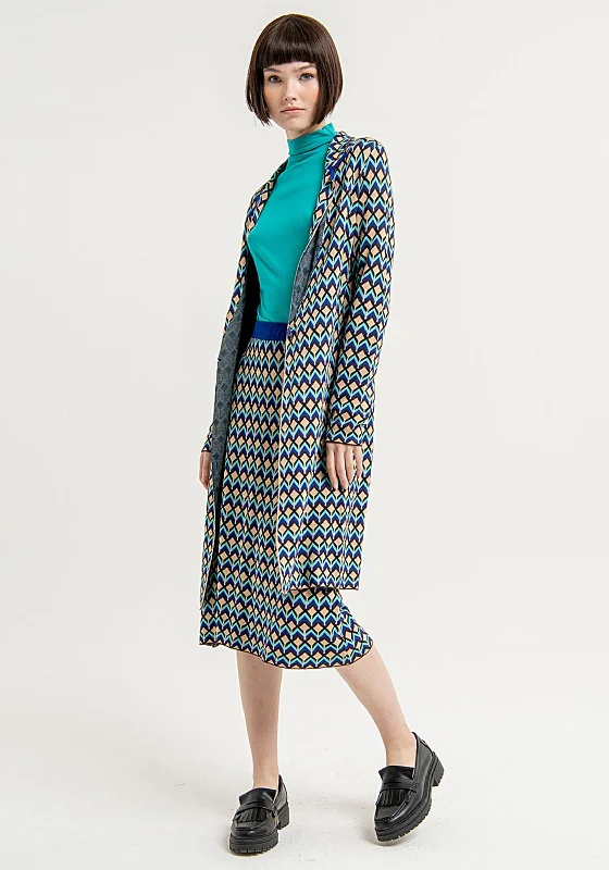 Surkana Abstract Print Lapel Collar Long Cardigan, Blue