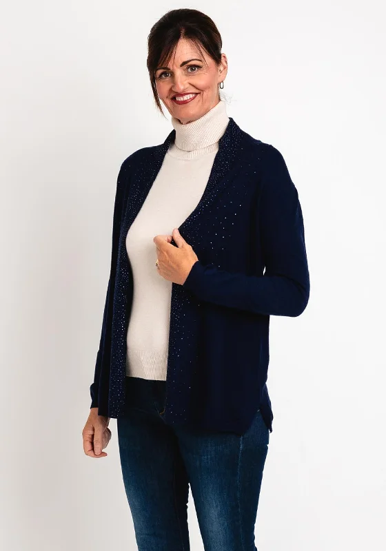 Natalia Collection One Size Diamante Waterfall Fine Knit Cardigan, Navy