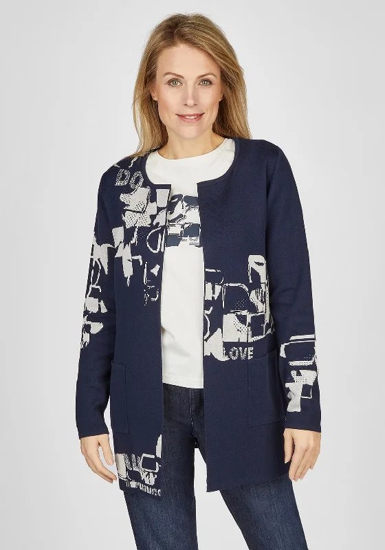 Light-reflective cardiganRabe Open Mid Length Print Cardigan, Navy & Beige