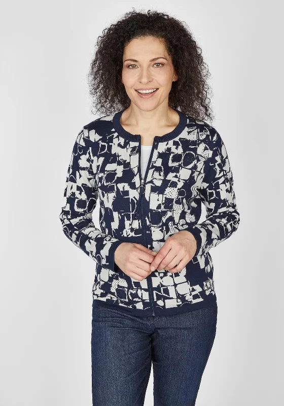 Rabe Full Zip Knitted Print Short Cardigan, Navy & Beige