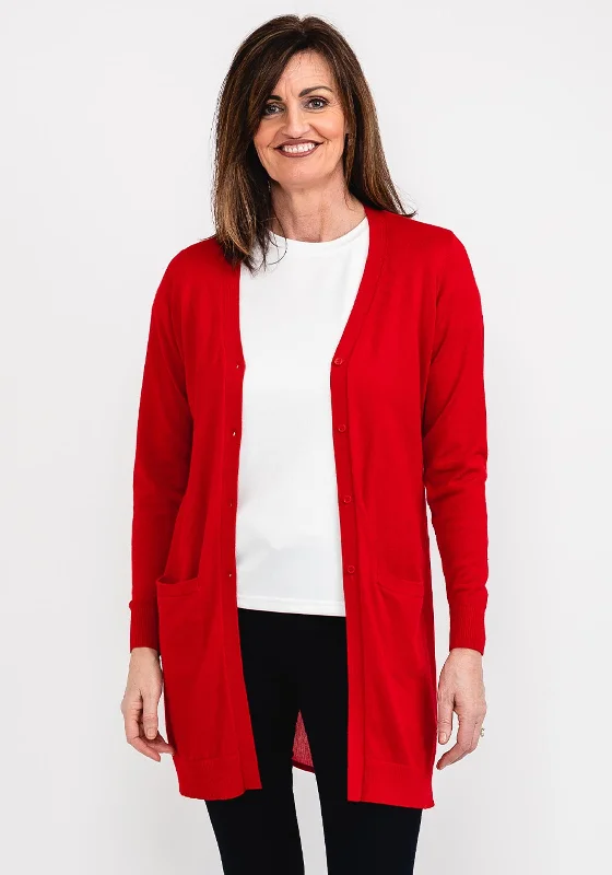 Hooded cardiganSandwich Long Fine Knit Cardigan, Red