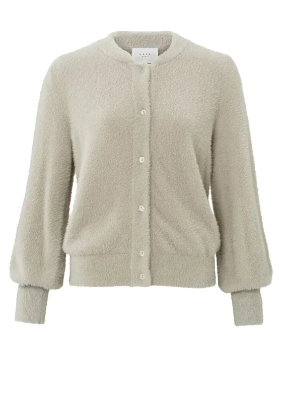 YAYA Round Neck Soft Fluffy Cardigan, Pure Cashmere Brown