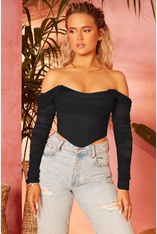 Black Corset Ruched Sleeve Crop Top