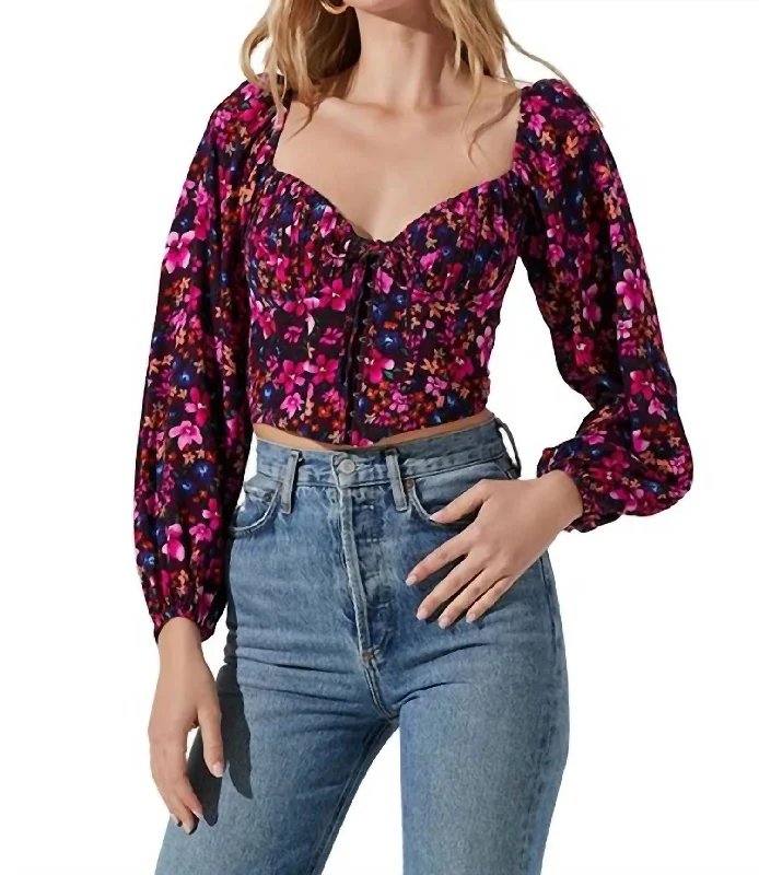 Edwina Corset Long Sleeve Crop Top In Purple Multi