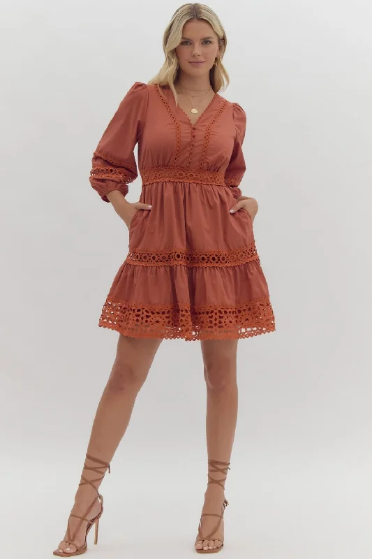 Entro Rust Lace Inset Smocked Waist Short Dress