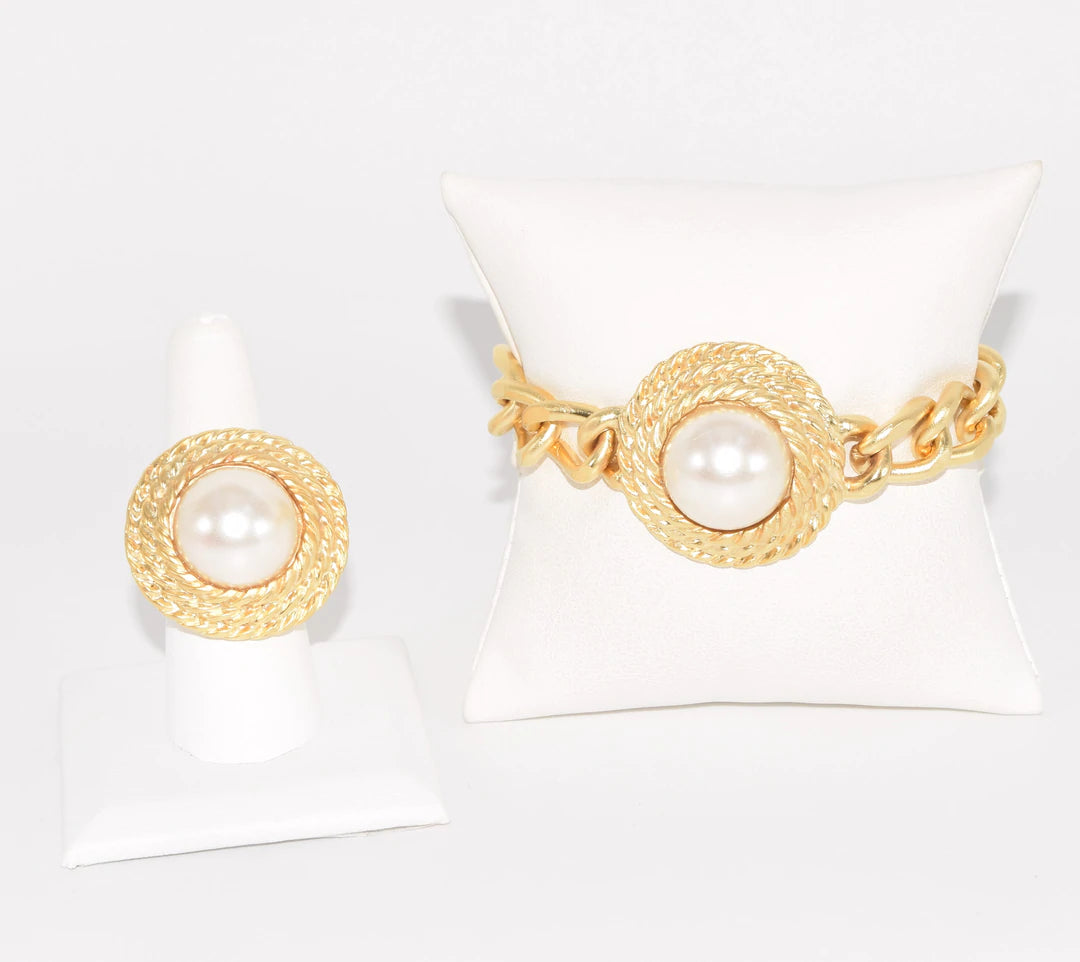 The Gold Pearl  Bracelet and Ring Turkish Set